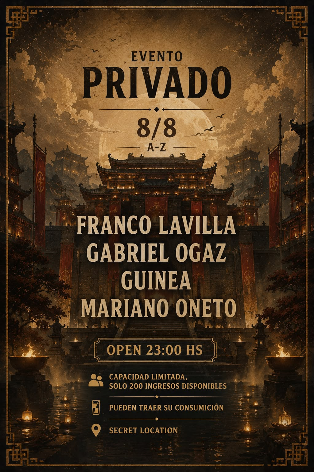 Flyer de evento privado del 8 de agosto de 2026 con Gabriel Ogaz
